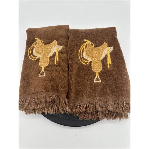 VTG Ames Embroidered Cowboy Saddle Brown Cotton Fringe Towel Set Of 2 - Picture 1 of 4